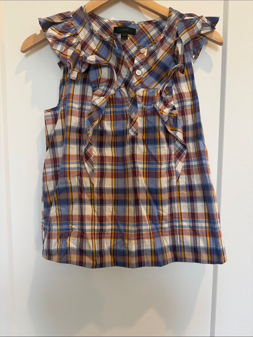 J. Crew Girls Plaid Ruffle Sleeveless Top - Blue, Yellow, Red